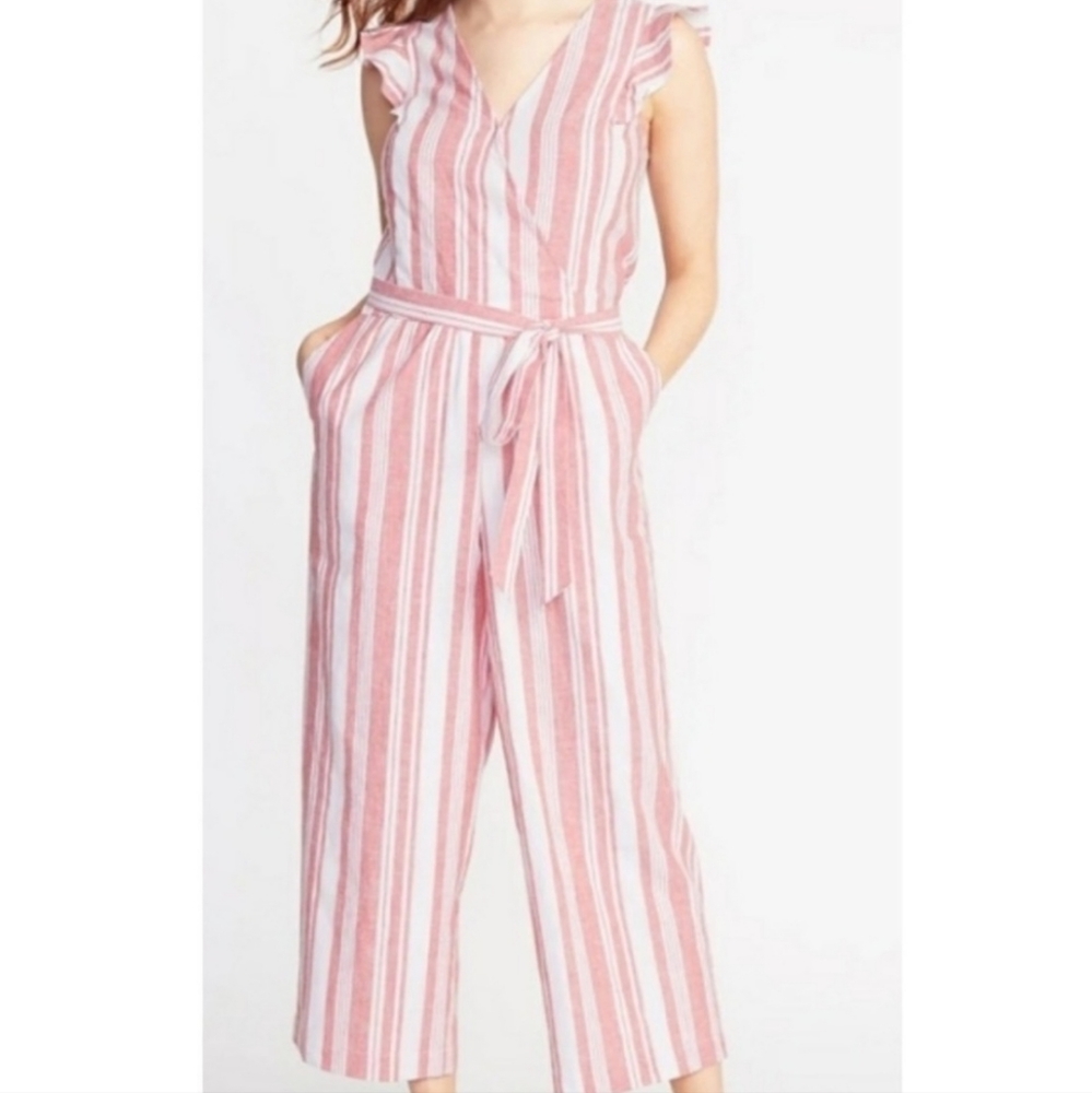 Striped Pink & White Sleeveless Tie-Waist Jumpsuit